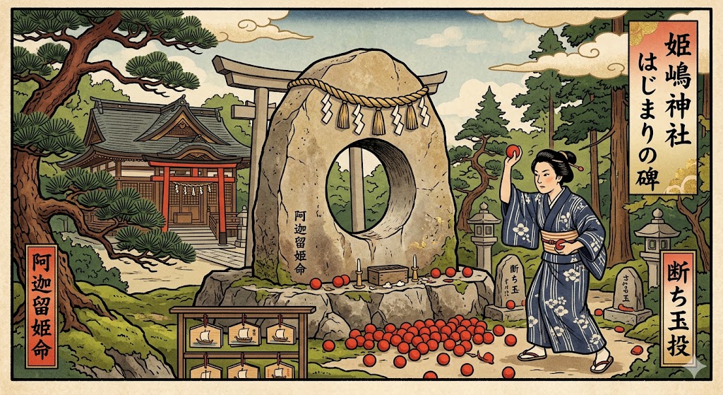 過去をリセットする姫嶋神社の「断ち玉」の説明イラスト