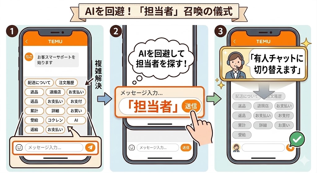 Temuに問い合わせる方法｜AIではなくサポート担当者につなぐ手順のイラスト
