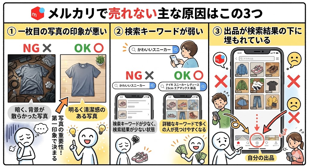 メルカリで売れない3つの主な原因を解説するイラスト図